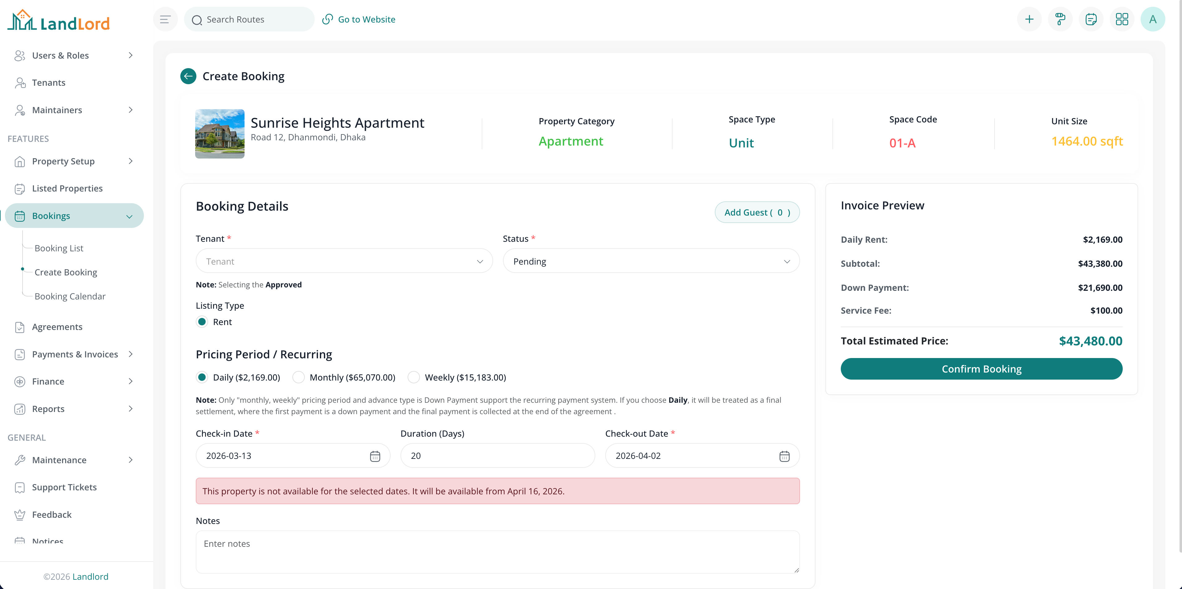Booking create screen