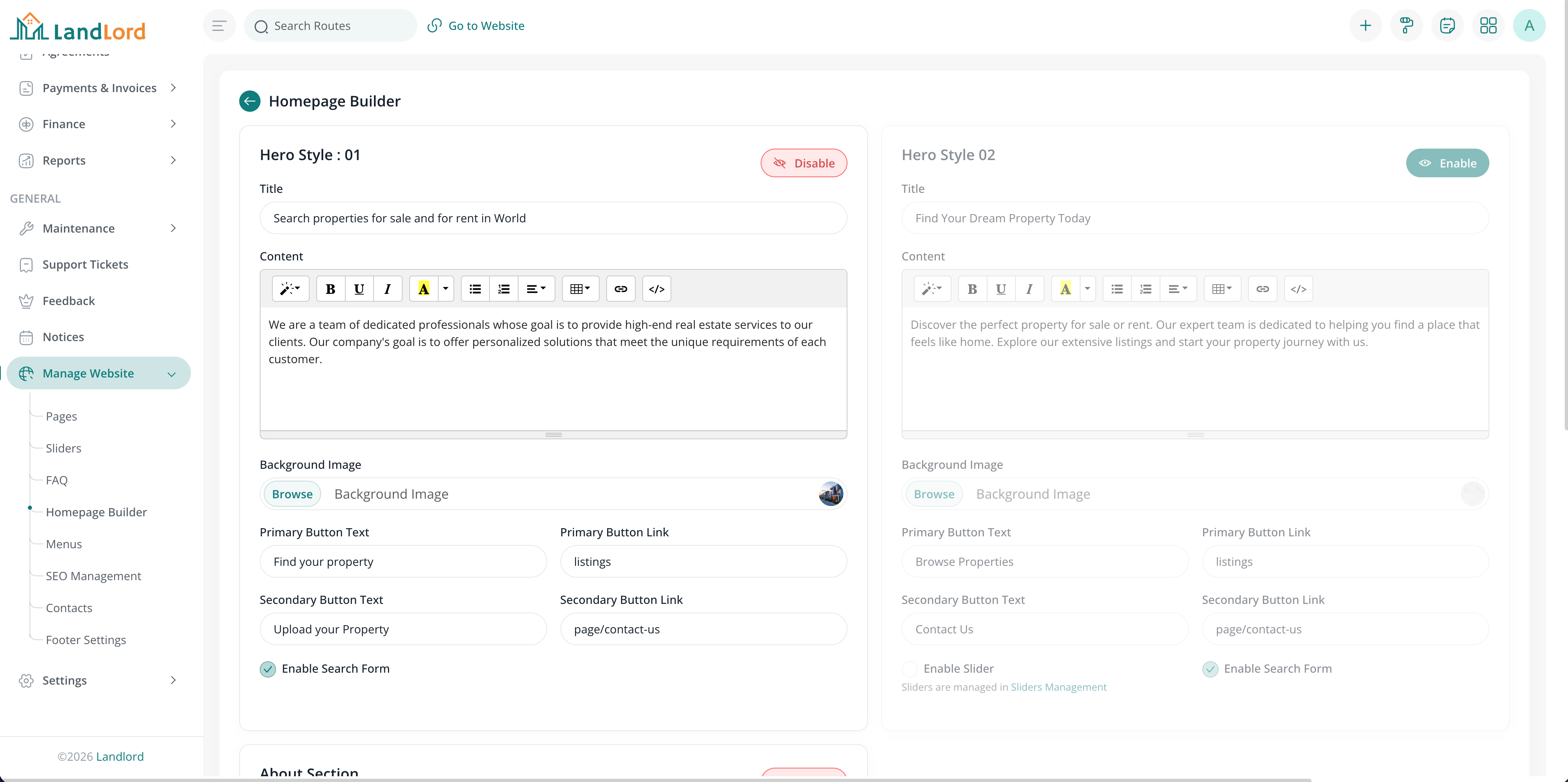 Homepage Builder screen