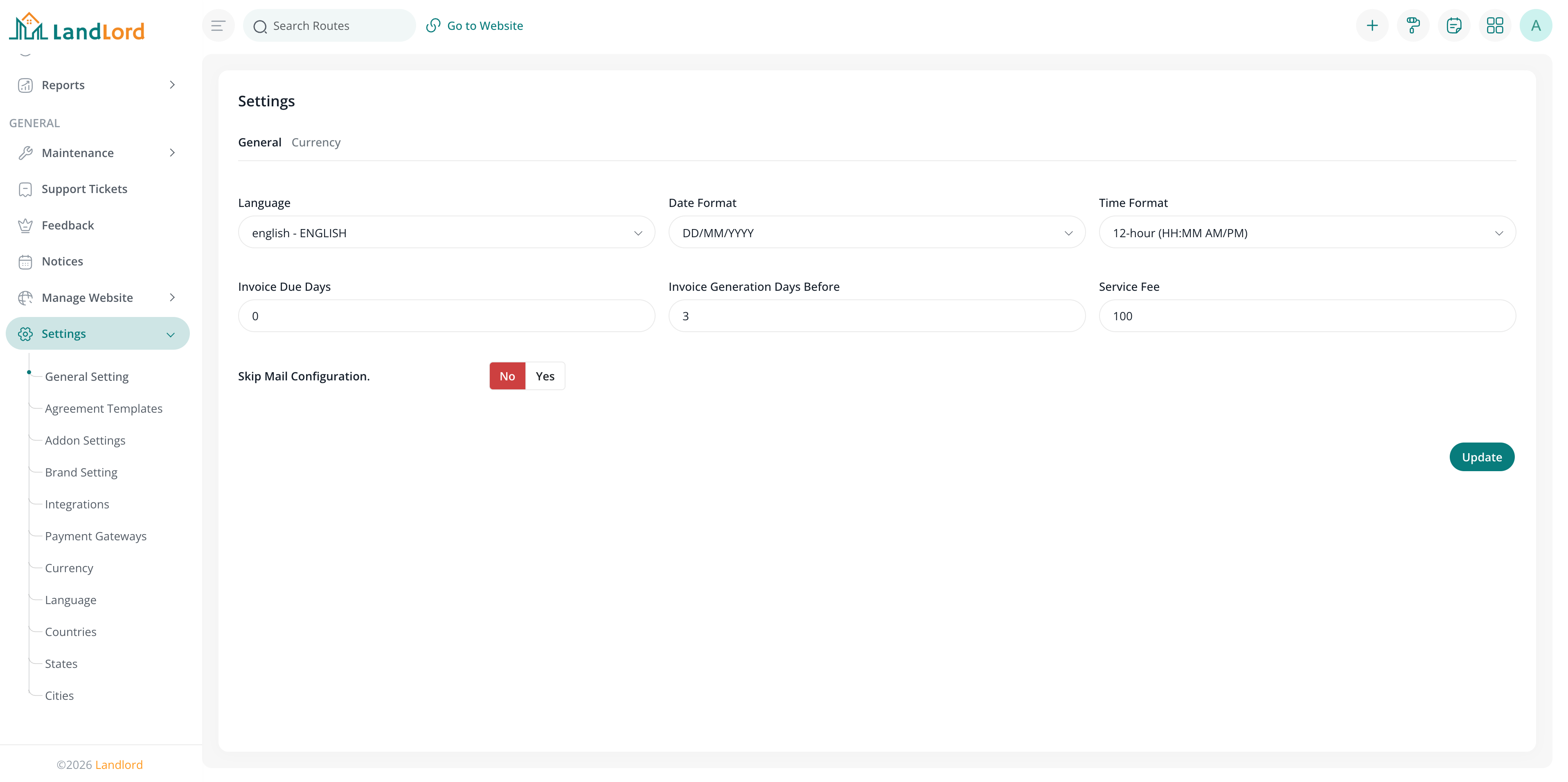 General settings screen