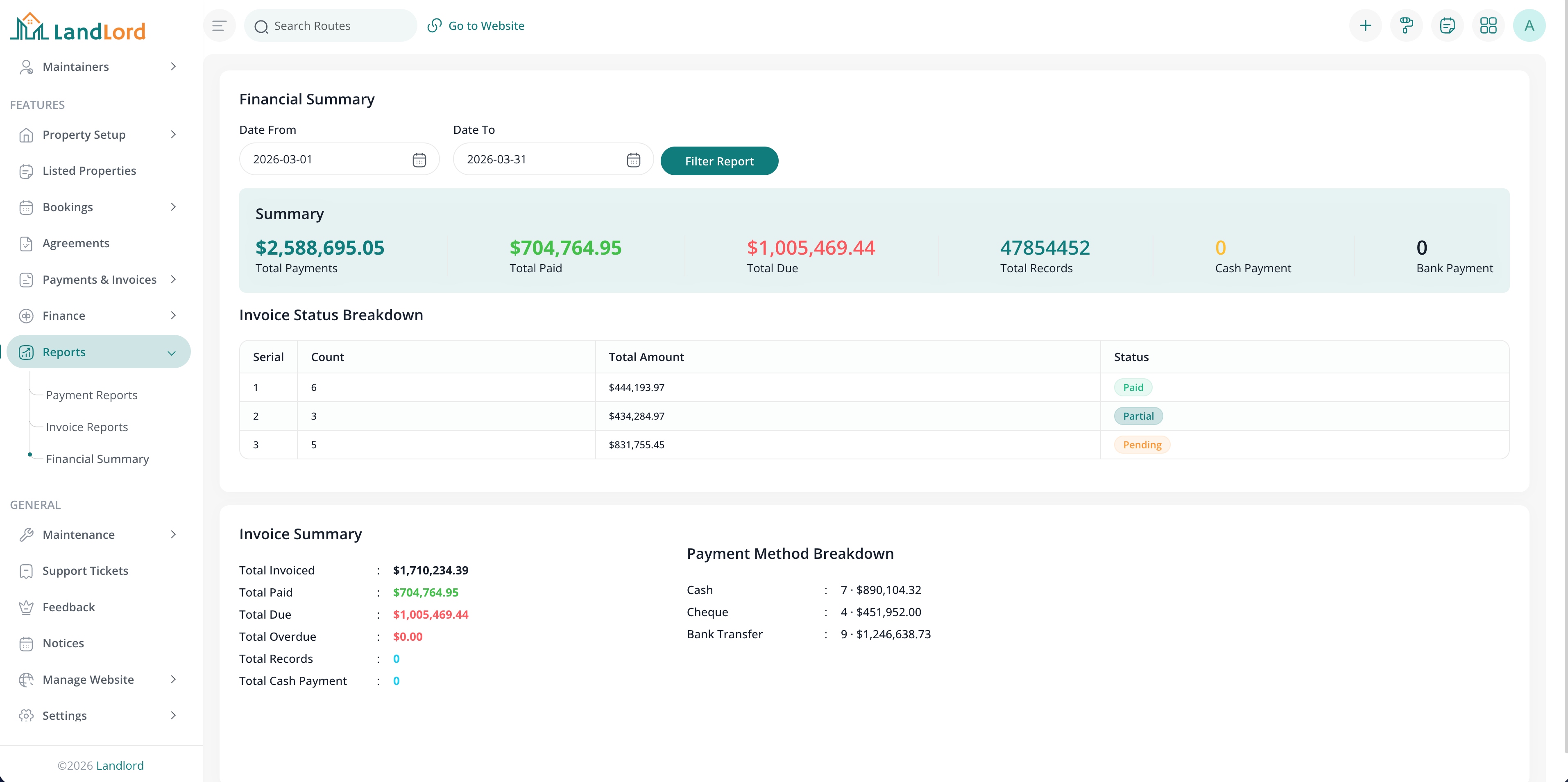 Financial summary screen
