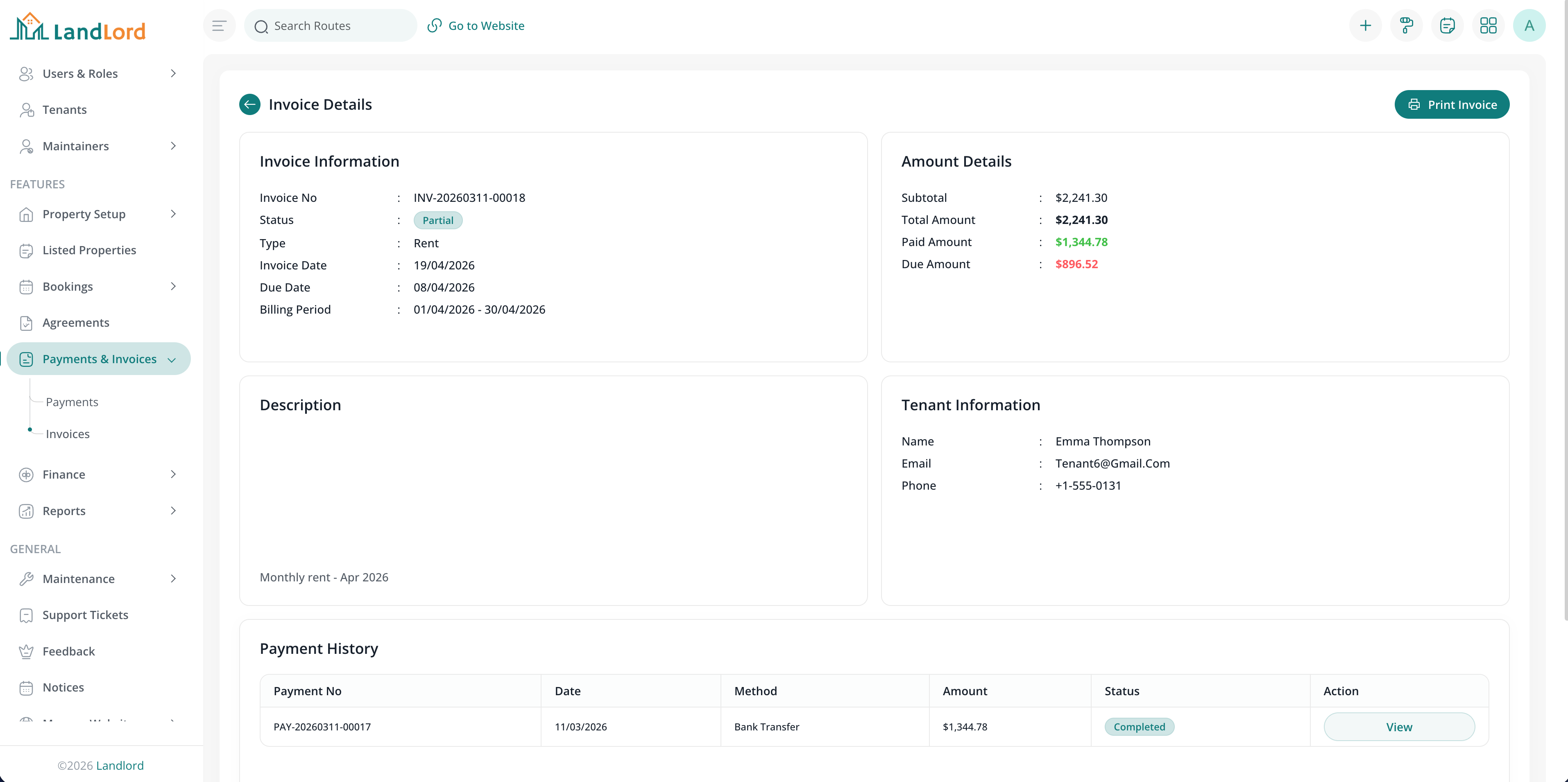 Invoice details screen