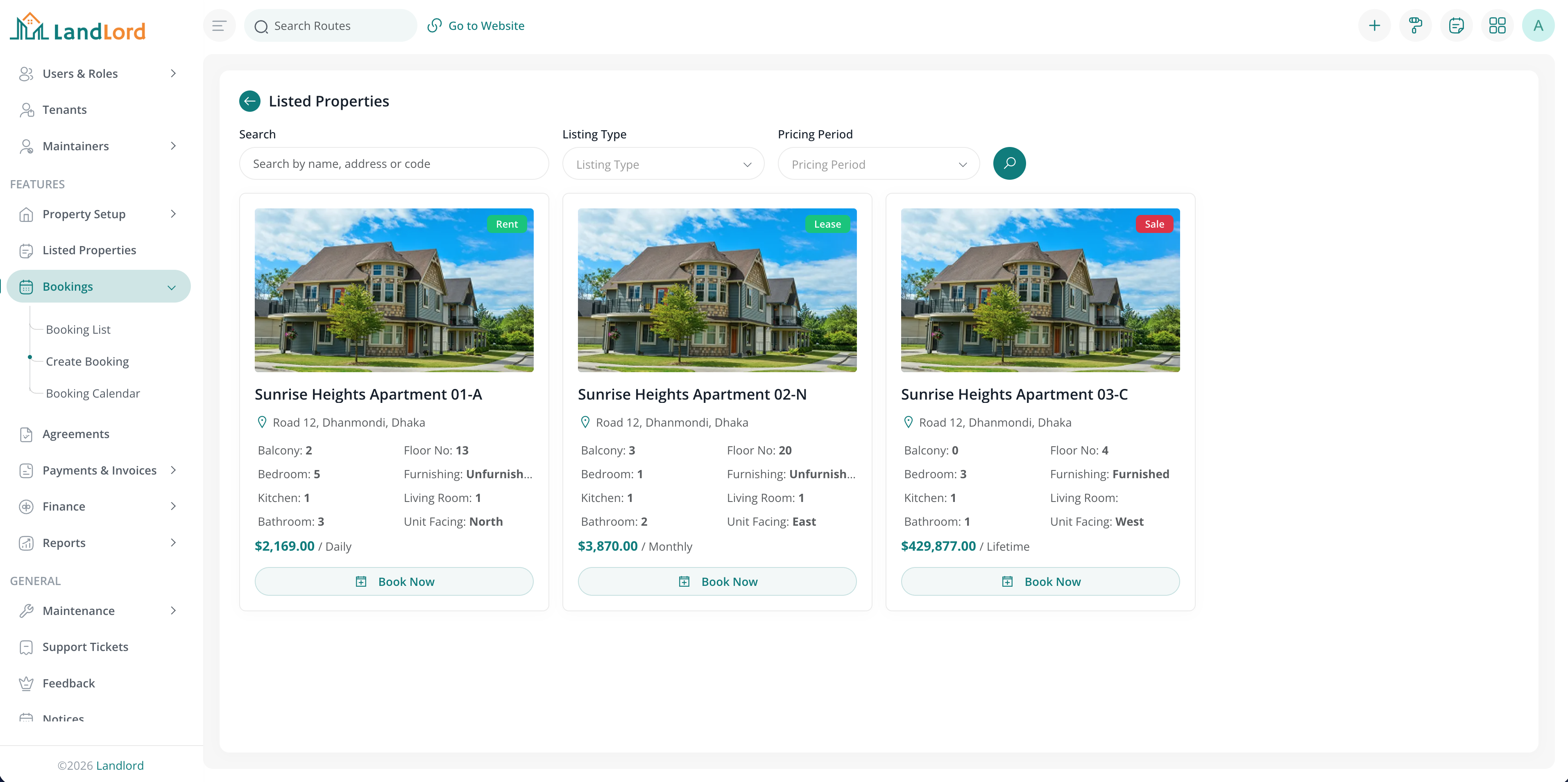 Listed properties screen