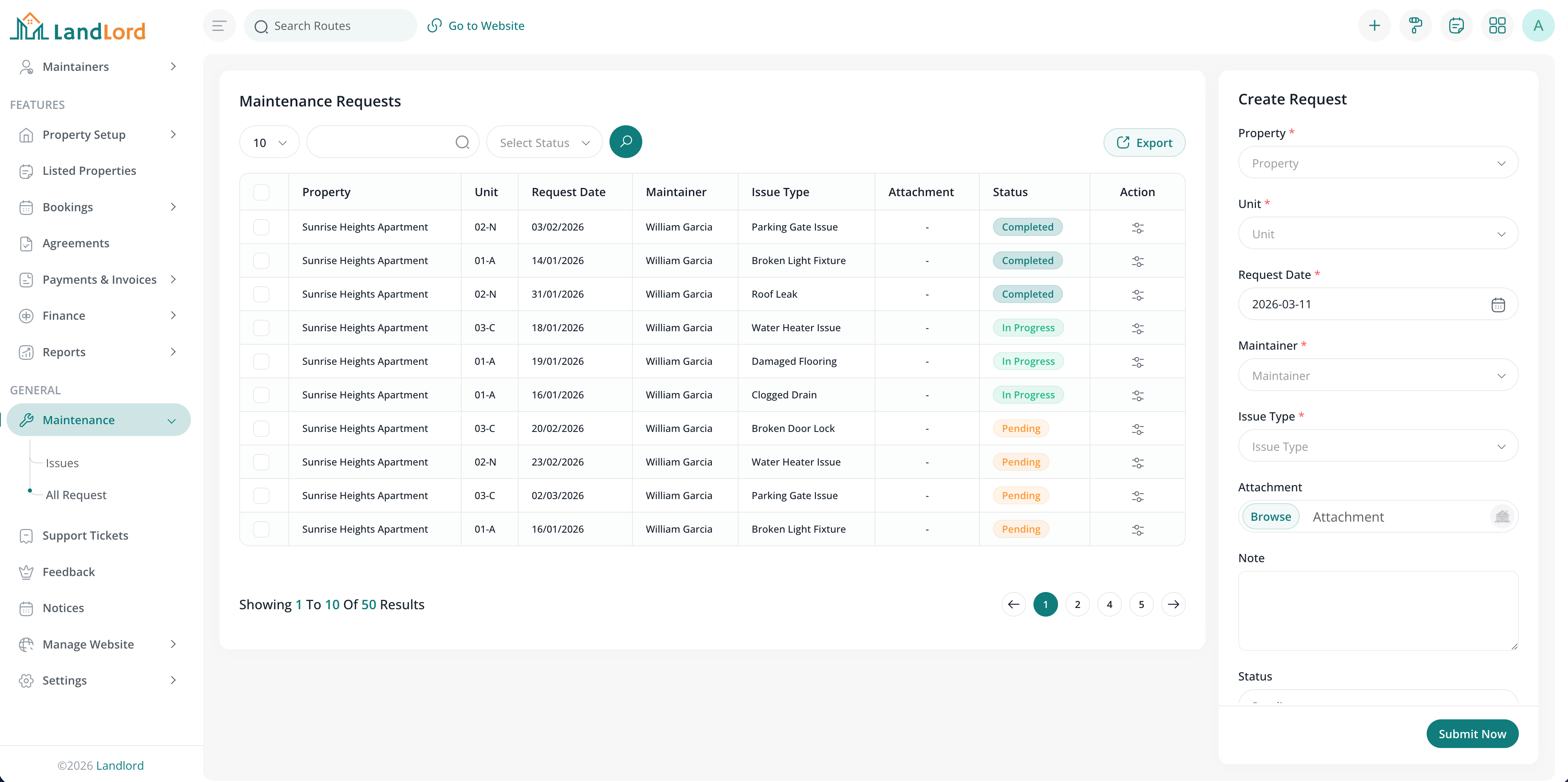 Maintenance requests screen