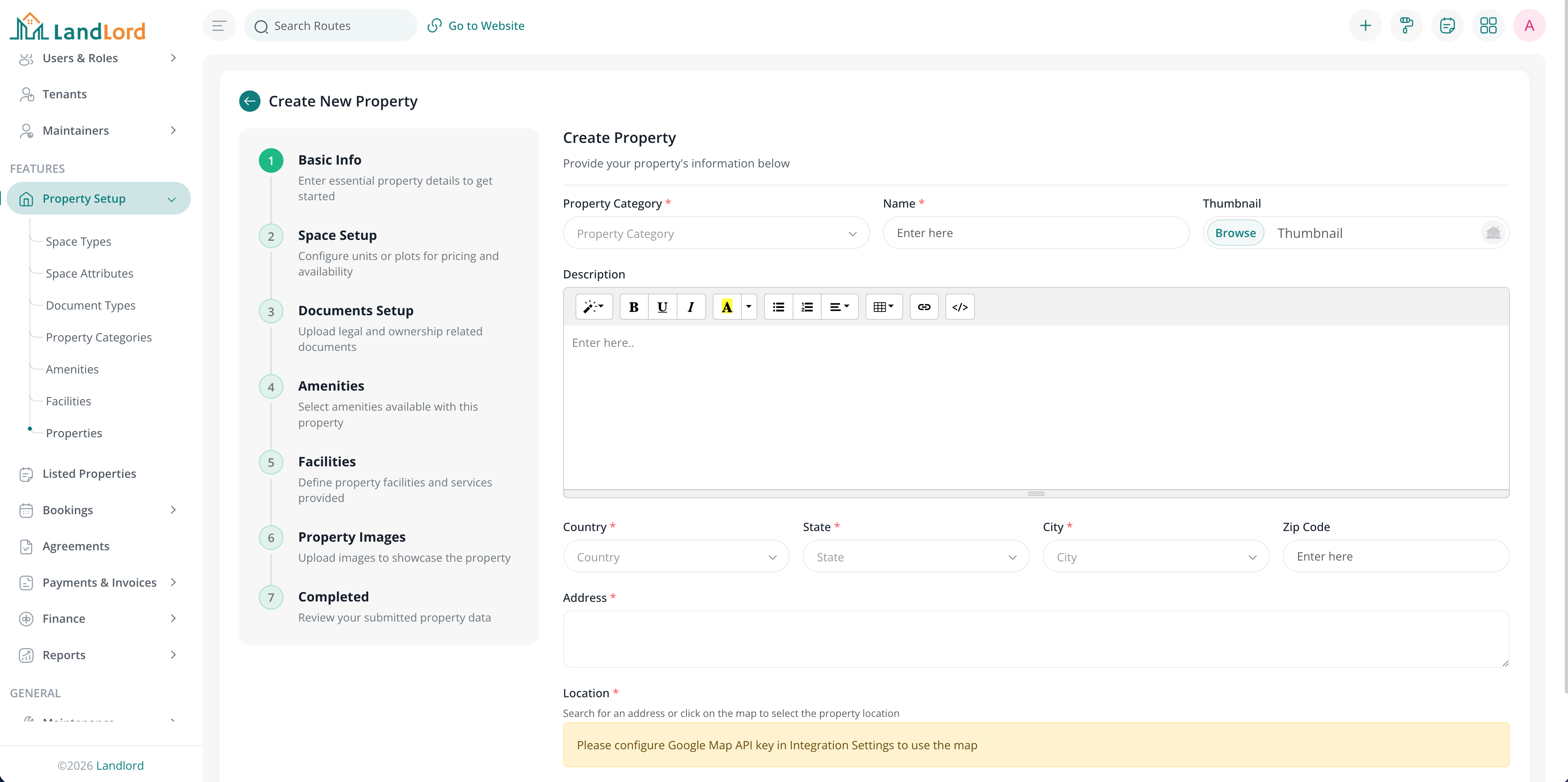 Property creation screen