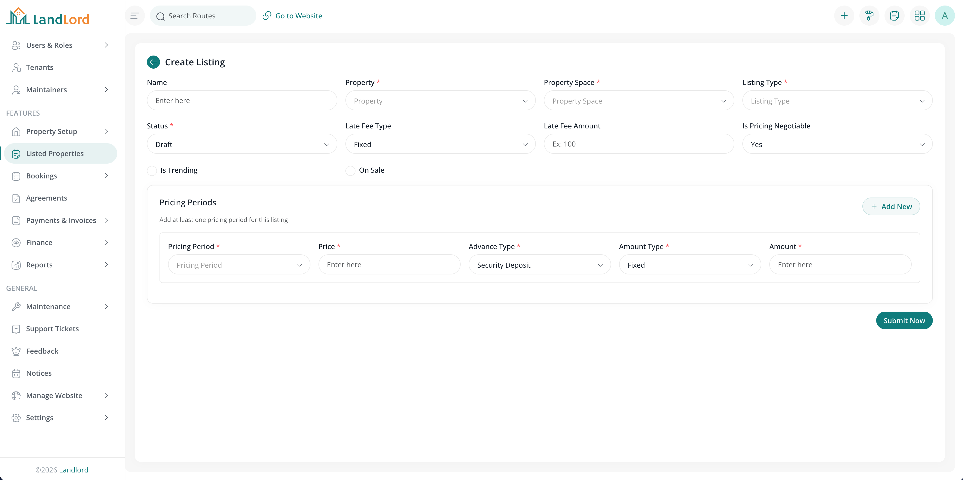 Property listing create screen