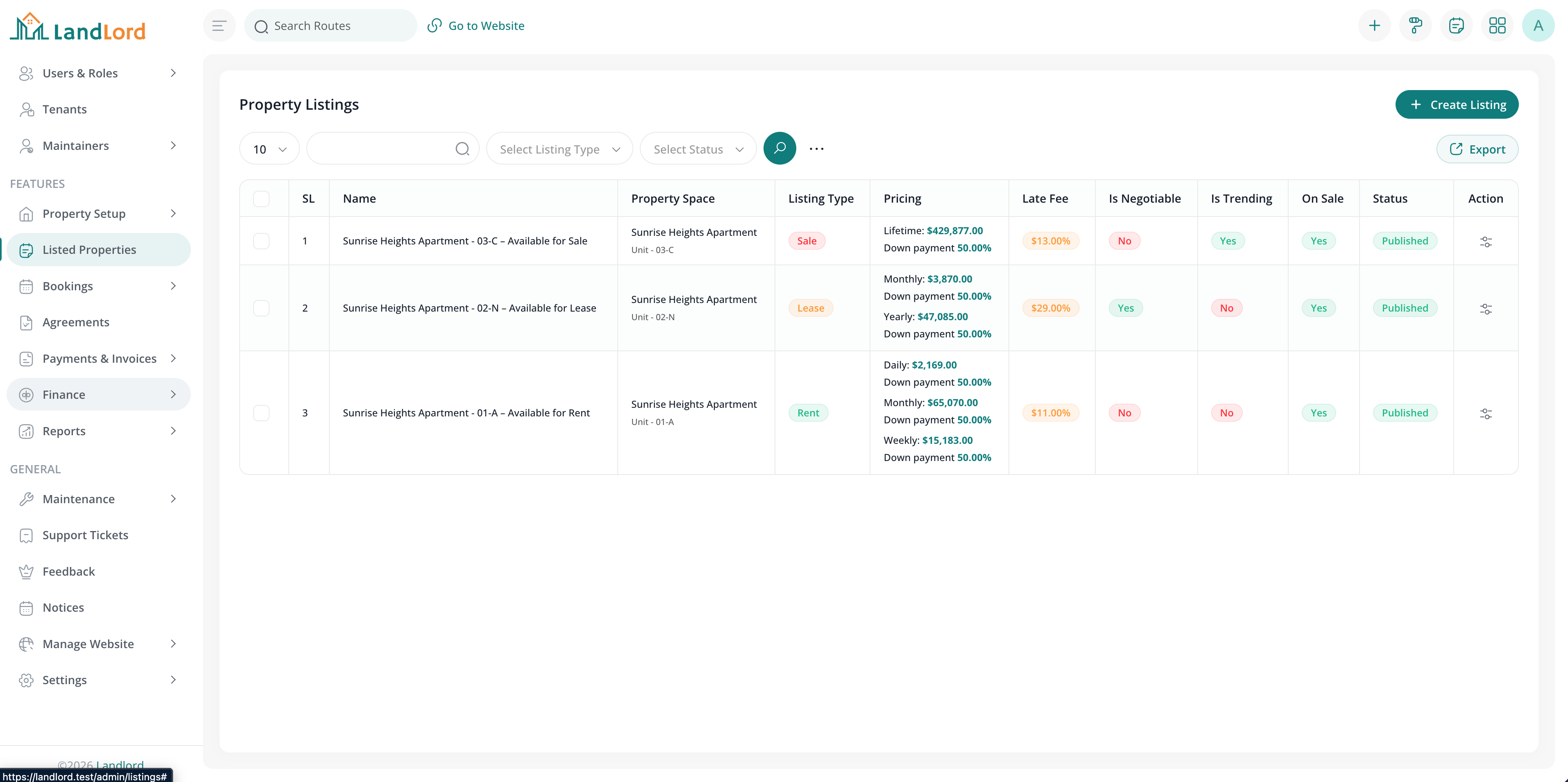 Property listings screen