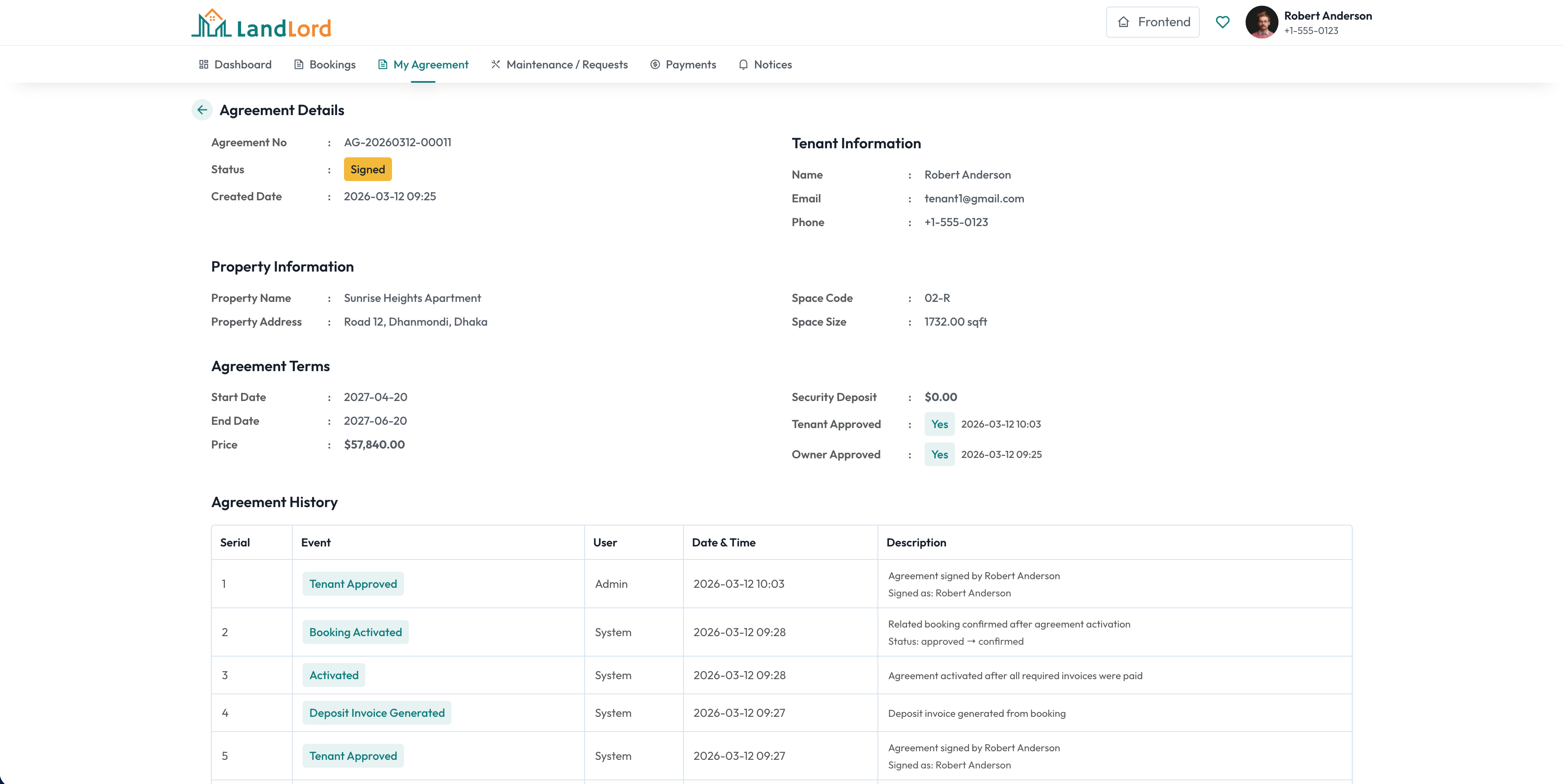Agreement details screen