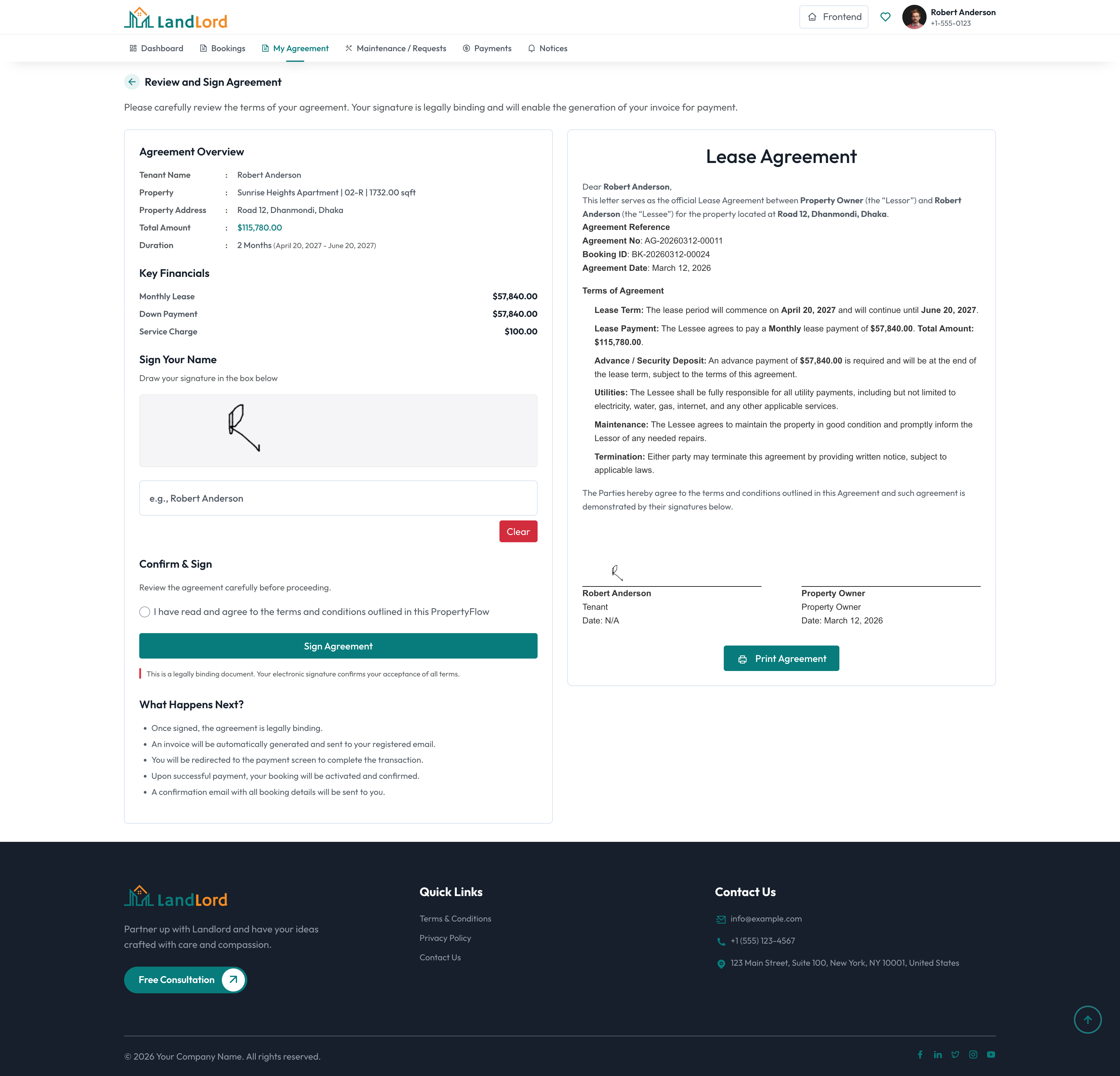 Agreement signature screen